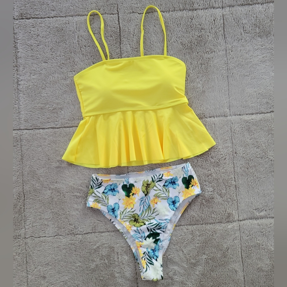 Yellow tropical peplum bikini swimsuit